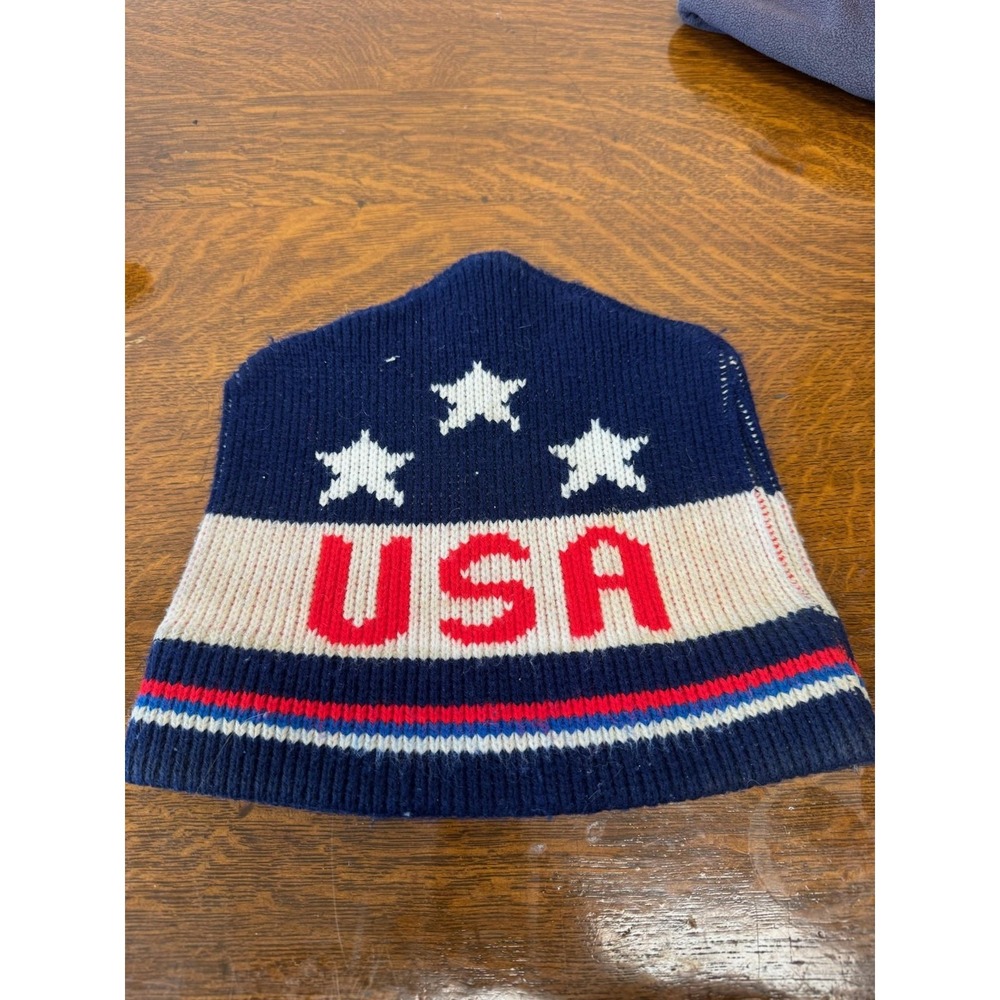 VTG USA Hat Beanie One Size Blue Red White Stars Stripes Wool Patriotic Mens